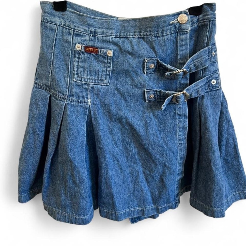 Euro y2k vintage rifle denim‎ mini plaid skirt with buckles size xs